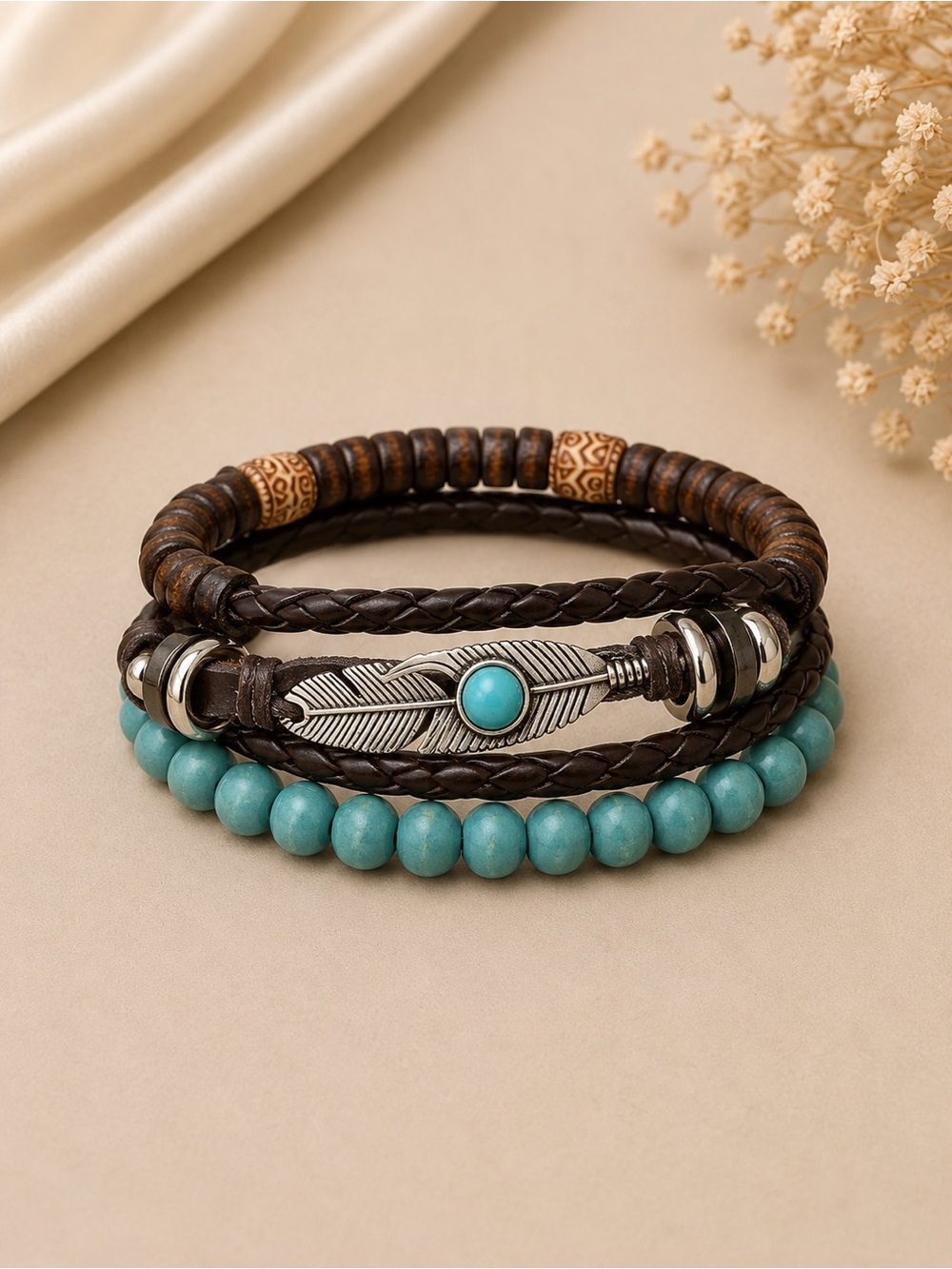 Bohemian Turquoise Beaded & Leather Feather Bracelet
